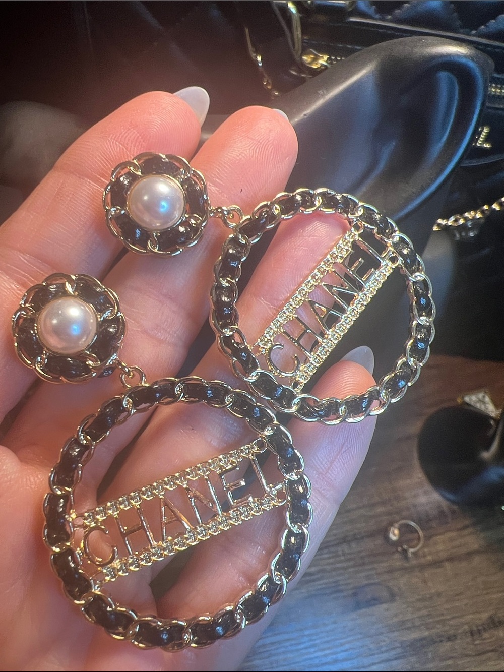 Gold-Tone Circular Logo Drop Earrings with Black Enamel and Pearl Accent